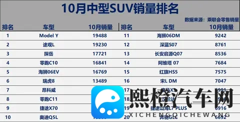有点惨！10月中型SUV销量榜：Model Y险胜，昂科威、零跑C11破万！-1