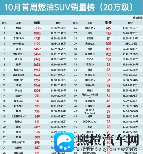 10月燃油SUV销量出炉:途观L一骑绝尘,谁在悄悄掉队?-1