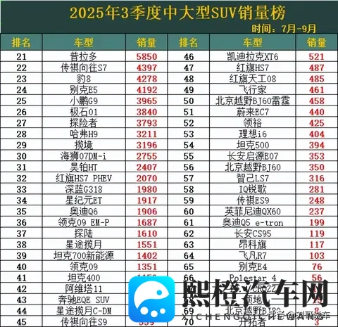 中大型SUV大洗牌！3季度销量榜，理想L6丢冠，宝马X5第5，豹8第23-1